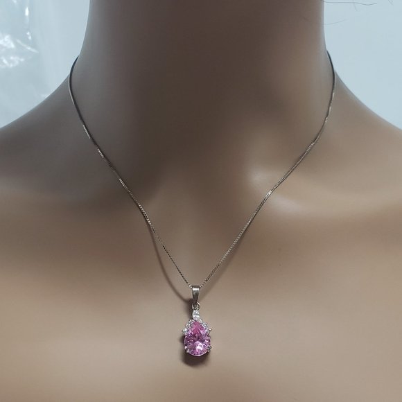Elegant Pear Shape Pink Zircon Pendant Necklace in  925 Silver - Picture 1 of 5